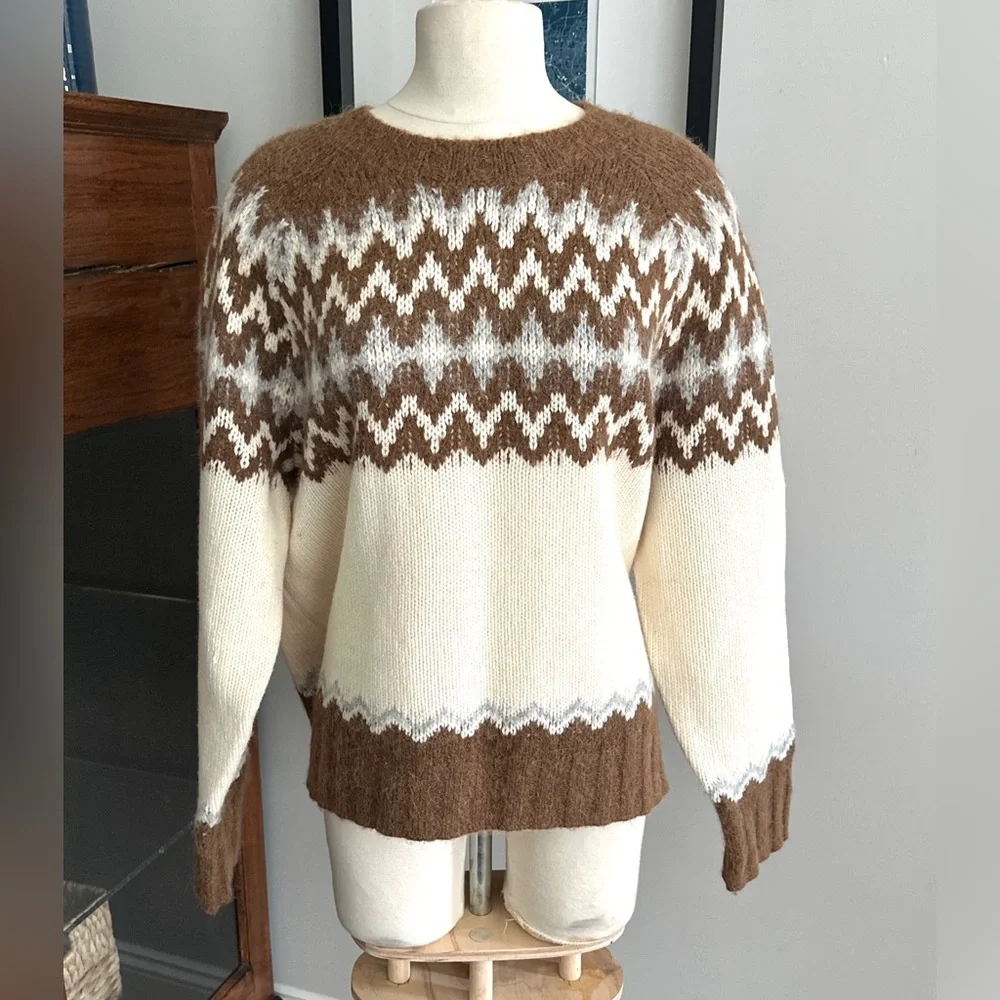 J Crew Wool Fair Isle Sweater in Brown Brushed Yarn Size XL - Picture 1 of 3
